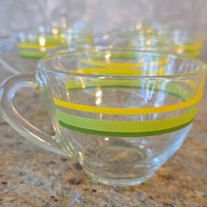 Set of 8 Vintage Arcoroc France Clear Glass Cups with Yellow and Green Stripes
